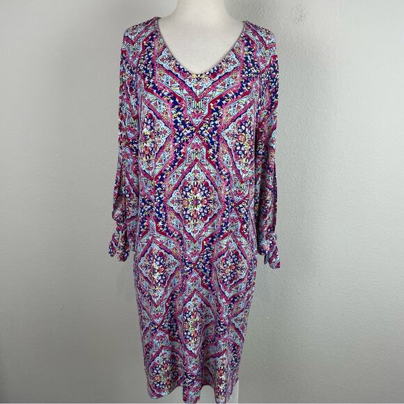 Chico's PInk Blue Multi Color Geometric Floral Stretch Knit Shift Dress 2 - Picture 2 of 9